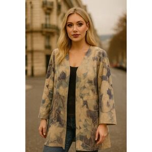 Solitaire Jacket Womens Medium Camel & Navy Watercolor Floral Long Line Open